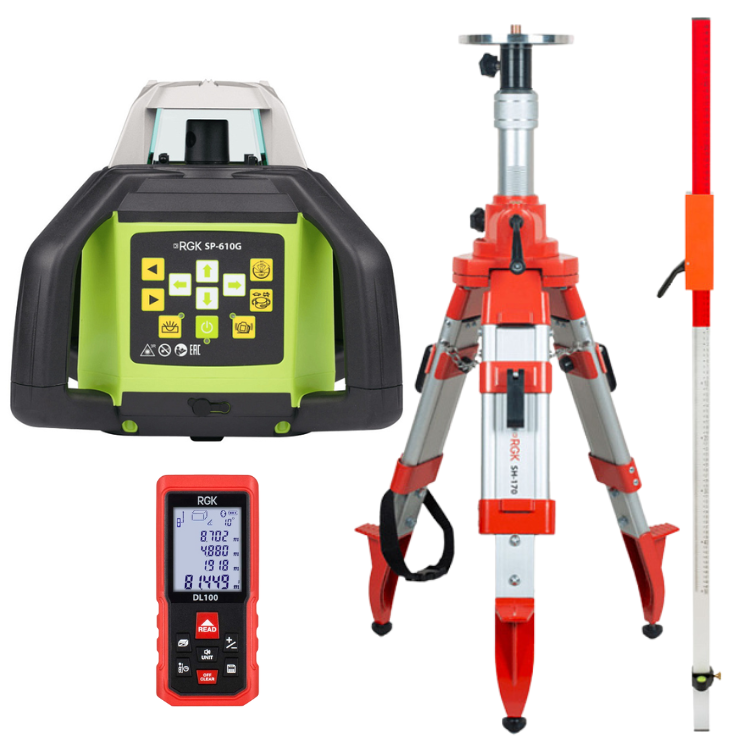 Комплект ротационный нивелир RGK SP-610G со штативом RGK SH-170, рейкой RGK LR-2 и лазерным дальномером RGK DL100