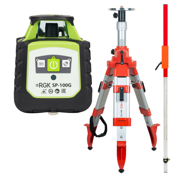 Комплект ротационный нивелир RGK SP-100G со штативом RGK SH-170 и рейкой RGK LR-2