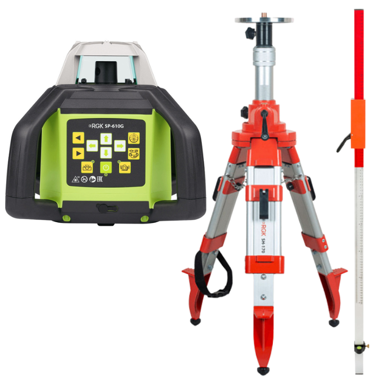 Комплект ротационный нивелир RGK SP-610G со штативом RGK SH-170 и рейкой RGK LR-2