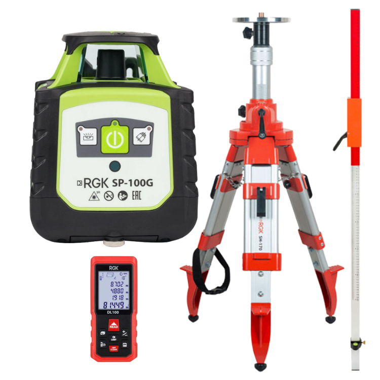 Комплект ротационный нивелир RGK SP-100G со штативом RGK SH-170, рейкой RGK LR-2 и лазерным дальномером RGK DL100