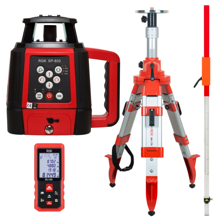 Комплект ротационный нивелир RGK SP-800 со штативом RGK SH-170, рейкой RGK LR-2 и лазерным дальномером RGK DL100