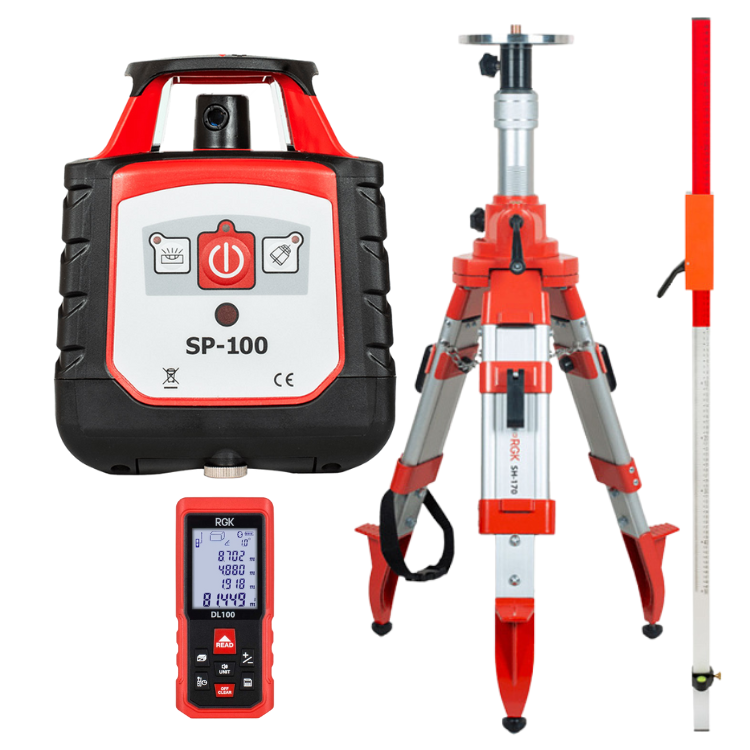 Комплект ротационный нивелир RGK SP-100 со штативом RGK SH-170, рейкой RGK LR-2 и лазерным дальномером RGK DL100