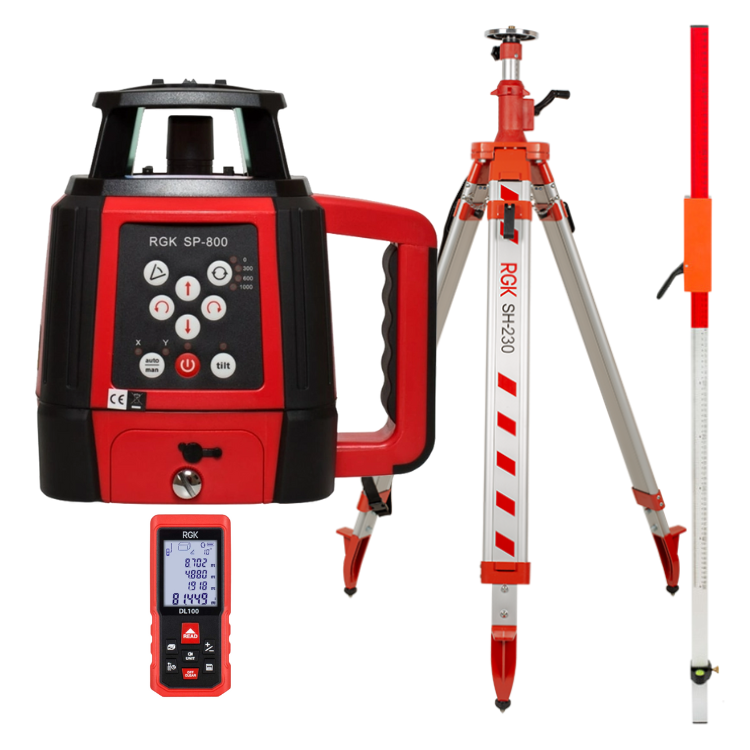 Комплект ротационный нивелир RGK SP-800 со штативом RGK SH-230, рейкой RGK LR-2 и лазерным дальномером RGK DL100