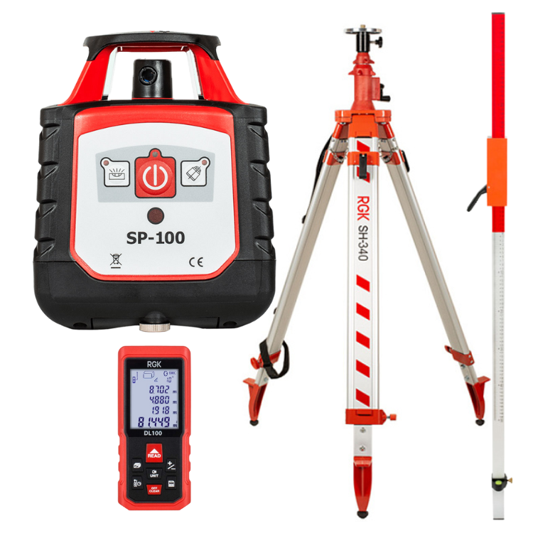 Комплект ротационный нивелир RGK SP-100 со штативом RGK SH-340, рейкой RGK LR-2 и лазерным дальномером RGK DL100