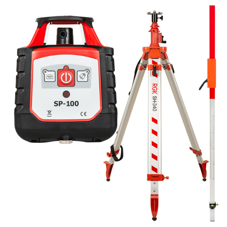 Комплект ротационный нивелир RGK SP-100 со штативом RGK SH-340 и рейкой RGK LR-2