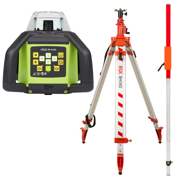 Комплект ротационный нивелир RGK SP-610G со штативом RGK SH-340 и рейкой RGK LR-2