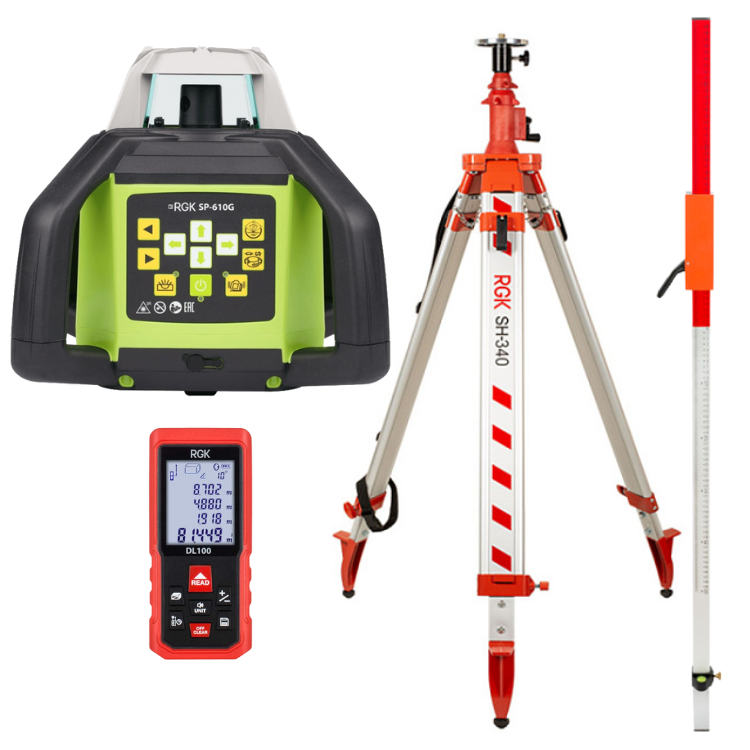 Комплект ротационный нивелир RGK SP-610G со штативом RGK SH-340, рейкой RGK LR-2 и лазерным дальномером RGK DL100